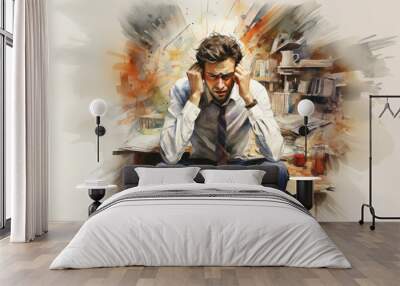 Illustration of businessman very stressed out, Overworked, burned out and stressed businessman worker sitting at office desk table with lot of files paperwork and documents in the background. Wall mural