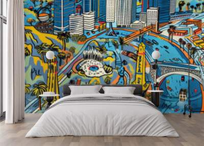 Illustration of City of Los Los Angeles travel map Wall mural