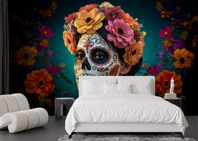 Portrait of a woman wearing day of the dead mexican skull costume, Cinco de Mayo and Dia de los muertos, Holiday of the dead. Mexican Halloween. Sugar skull makeup and flowers. Beautiful woman. Wall mural