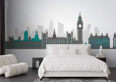 Title	
A minimalist vector illustration of the London City England skyline in a white background. The design uses simple shapes and lines. Big Ben and the Houses of Parliament. Wall mural