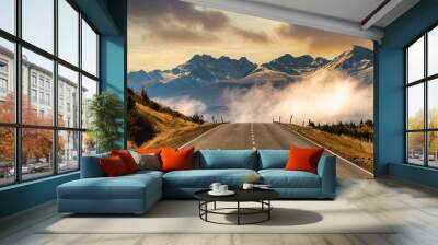 Driving the scenic road towards the Southern Alps shrouded in low cloud in Aoraki Mt Cook national park Wall mural