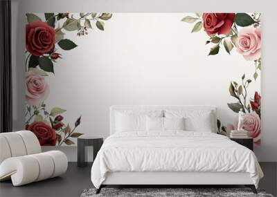 A flat white page with a floral border at the top and bottom, with roses in shades of red and pink Wall mural