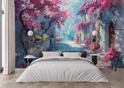 Acrylic painting, Beautiful colorful flower street with white houses and blue doors in a European city. Greece, floral for background. Wall mural