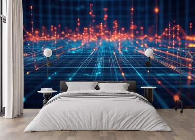 Blue grid background with glowing dots and lines in the shape of an upward-trending graph, representing growth or positive data on a digital platform interface. High quality Wall mural