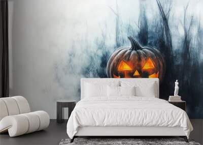 Halloween party background, full moon night illustration, Halloween pumpkin ghost, abandoned house, cemetery, bat, scary tree and Halloween elements Scary website Banner template Vector illustration Wall mural