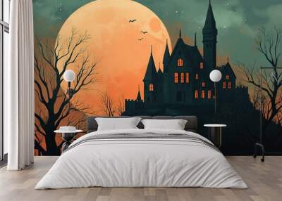 Halloween party background, full moon night illustration, Halloween pumpkin ghost, abandoned house, cemetery, bat, scary tree and Halloween elements Scary website Banner template Vector illustration Wall mural