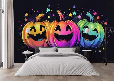 Halloween party background, full moon night illustration, Halloween pumpkin ghost, abandoned house, cemetery, bat, scary tree and Halloween elements Scary website Banner template Vector illustration Wall mural