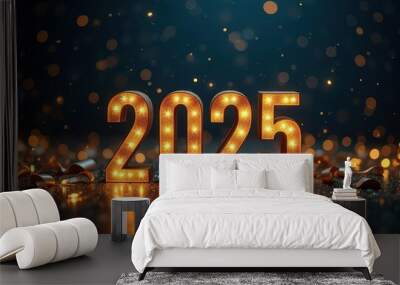 Happy new year 2025 typography greeting card, poster, banner with celebration elements. Happy new year walpaper. Wall mural