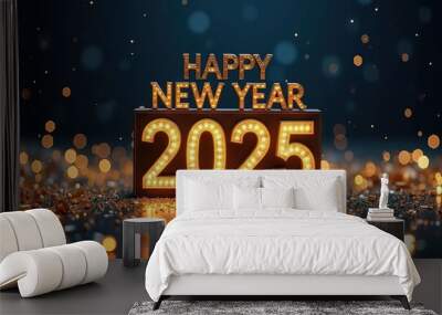 Happy new year 2025 typography greeting card, poster, banner with celebration elements. Happy new year walpaper. Wall mural