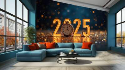 Happy new year 2025 typography greeting card, poster, banner with celebration elements. Happy new year walpaper. Wall mural