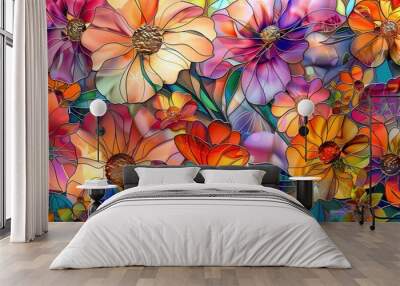 Illustration in the stained glass style with an abstract flower arrangement on a light background, horizontal image Wall mural