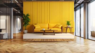 Modern retro living room concept with lemon yellow accent walls, sleek white furniture, and pops of color from retro-inspired accent pieces, adding a playful and vibrant touch to the space Wall mural