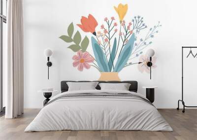 Simple flat vector illustration of colorful flowers in vase white background minimalistic style colorful design Wall mural