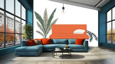 Sofa flat illustration style simple background warm color scheme soft lighting plant decoration comfortable seating area retro sofa Wall mural