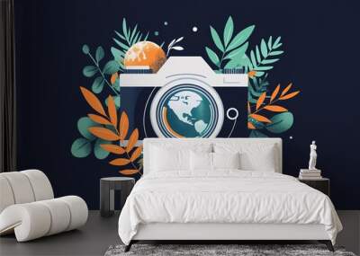 World Photography Day with World Map Background, photographer taking photo. World Photography Day social media banner and instagram banner post design Wall mural