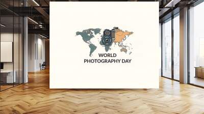 World Photography Day with World Map Background, photographer taking photo. World Photography Day social media banner and instagram banner post design Wall mural