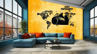 World Photography Day with World Map Background, photographer taking photo. World Photography Day social media banner and instagram banner post design Wall mural