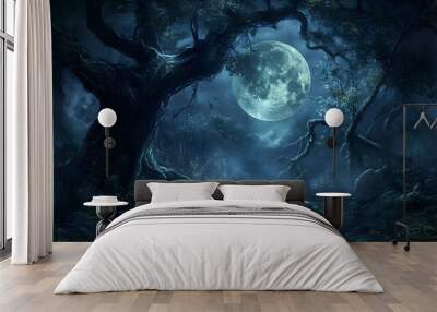 A full moon illuminating a haunted forest Wall mural