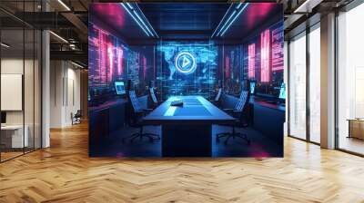 A futuristic workplace where blockchain secures data and IoT devices power efficient work processes Wall mural