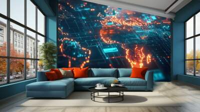 A global map with blockchain data paths and AI data analytics highlighted Wall mural