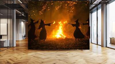 A group of witches dancing around a fire in the woods Wall mural