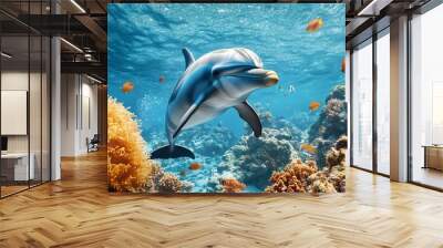 A playful dolphin swimming through a coral reef with fish darting around Wall mural