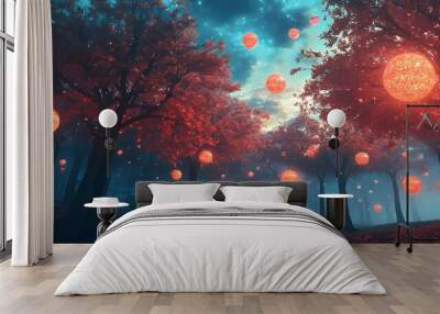 A surreal forest with trees that have glowing leaves, under a sky filled with floating orbs Wall mural