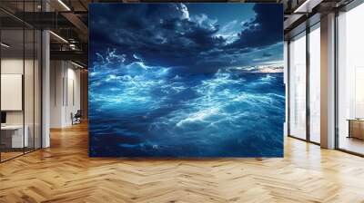 A surreal scene where the ocean is made of liquid light and strange sea creatures swim by Wall mural