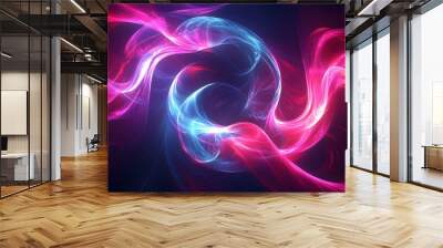 Abstract swirling shapes in neon colors creating a sense of motion and energy against a dark background. Wall mural