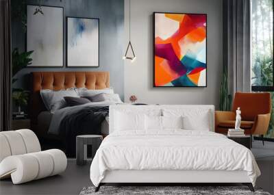 Dynamic abstract artwork with bold shapes and bright colors for enhancing the look of a stylish bedroom Wall mural