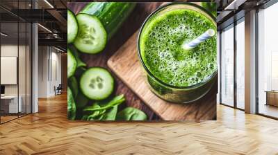 Green smoothie with fresh spinach and cucumber on a wooden surface Wall mural