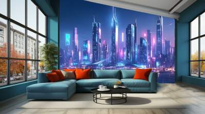 High-tech futuristic city skyline glowing with holographic displays and neon lights, with eco-friendly infrastructure Wall mural