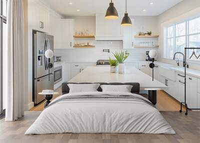 Simple kitchen layout with a white countertop, a single plant, and modern appliances Wall mural