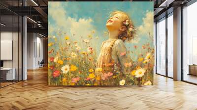 A vintage painting child laughing carefree in a field of wildflowers. express emotions in positive way. Wall mural