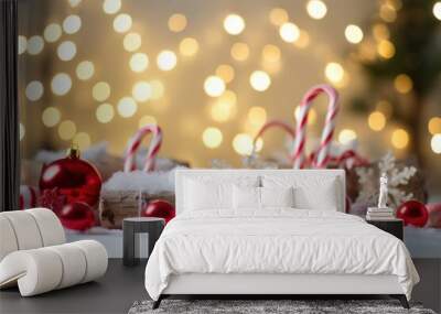 Christmas holidays background with snow and decorations. AI generated Wall mural