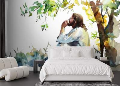 Elegant watercolor of Jesus praying in the Garden of Gethsemane intense and reflective Wall mural