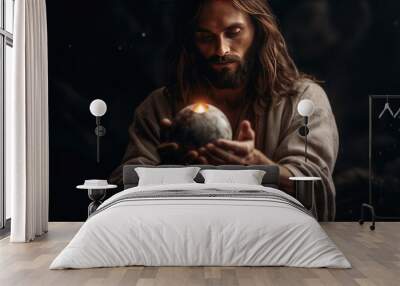 Jesus holding the world with dark background Wall mural