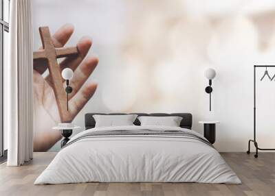 Man hands pray on bible. Concept of hope, faith, christianity, religion, church online. Wall mural