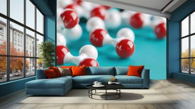 Molecular structures in red, white, and black on blue background create vibrant scene Wall mural