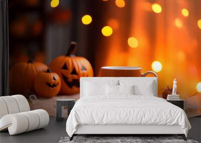 Pumpkin for halloween on table with coffee cup. AI generated Wall mural