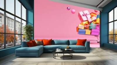 Shopping sale promotion banner. Full shopping cart on pink bachground. Valentine banner. Generative AI. Wall mural