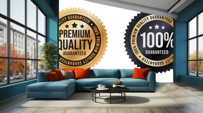 100 percent quality guaranteed sticker realistic design. Product sticky label for client or customer assurance on best property and characteristic set. Vector illustration isolated on white background Wall mural