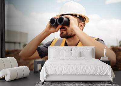 shot of a handsome young man wearing a hard hat and using binoculars at work on site Wall mural