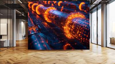 Glowing digital pipes intertwine in futuristic network, representing advanced fuel technology. vibrant orange and black colors create dynamic, high tech atmosphere Wall mural