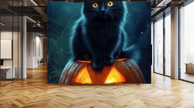 Illustration of a black cat wearing a witch hat sit on top of a pumpkin in Halloween concept Wall mural