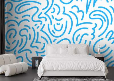 Seamless doodle modern abstract brain texture pattern doodle hand drawn lines. Blue wave texture of the brain in flat style hand drawn graphic. Blue seamless pattern background smart wallpaper . Wall mural