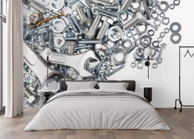 Spanners tools, nuts and bolts on white. Copy space Wall mural