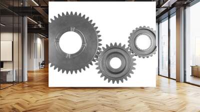 Three steel cog gear isolated on white. Wall mural