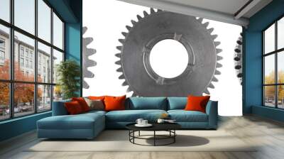 Three steel cog gears isolated over white Wall mural