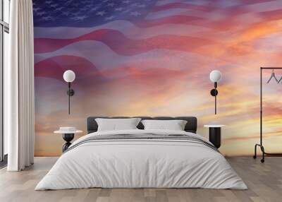 U.S. stars and stripes flag in dawn sunrise sky Wall mural